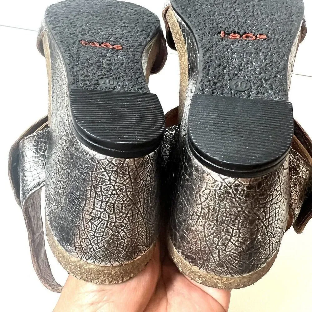 Taos Womens metallic Gray Leather Wedge Sandals EU 40 US 9.5 Sling Back Open Toe